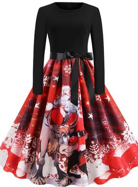 L9122 圣诞节跨境赫本复古女装秋冬季圆领长袖撞色印花大摆连衣裙
