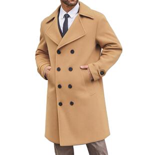 2026 men clothes跨境秋冬新款欧美男士风衣呢子外套男双排扣中长