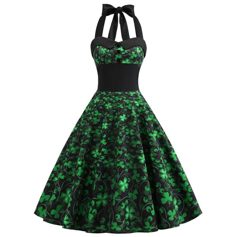 x跨境亚马逊复古女装性感挂脖款无袖蕾丝印花丝带大摆型连衣裙,女装/女士精品,连衣裙,淘宝优惠券,粉丝福利购,淘宝优惠卷