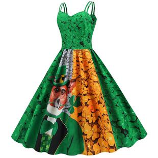复古女装 夏季 欧美性感吊带圣帕特里克印花大摆裙 跨境新品 L8157
