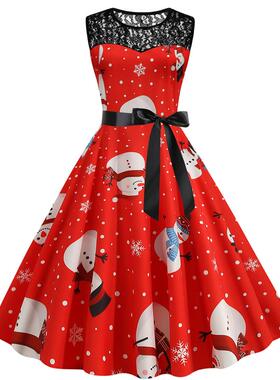 C6069跨境女装货源蕾丝圆领无袖印花复古大摆连衣裙