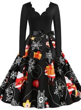 C5525 跨境女装圣诞节欧美风复古烧花V领长袖修身印花大摆连衣裙