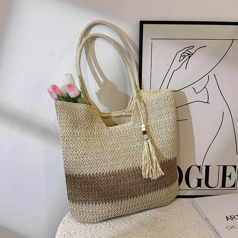 2024新款编织包时尚流苏单肩草编包休闲大容量拼色条纹女包沙滩包