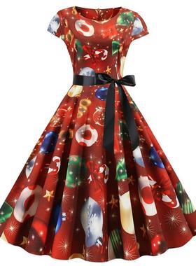 L9150 跨境圣诞节赫本风复古女装圆领包袖印花大摆连衣裙配黑丝带