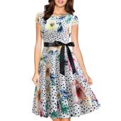 款 夏季 复古女装 热卖 圆领盖袖 圆点印花大摆连衣裙配黑丝带收腰8029