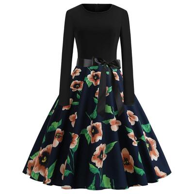 跨境春季新款复古欧美女装圆领长袖印花系带收腰大摆型连衣裙9009