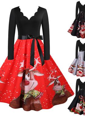 C6017 外贸工厂圣诞赫本复古女装冬季烧花V领麋鹿印花大摆连衣裙