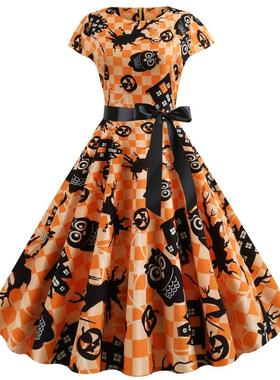 L9100 跨境外贸复古圆领包袖鬼怪黑丝带大摆连衣裙