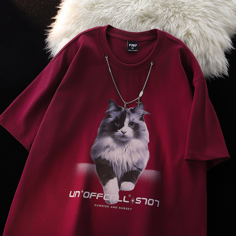 （260克双纱纯棉）美式猫咪印花宽松潮牌短袖T恤1015-T500-P50,男装T恤,四季星座1015