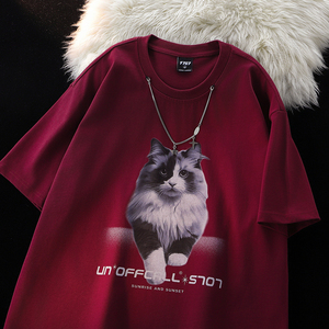 （260克双纱纯棉）美式猫咪印花宽松潮牌短袖T恤1015-T500-P50