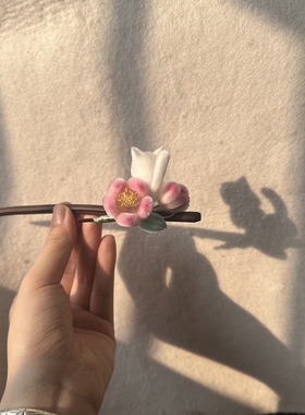 绒花蚕丝桃花小猫手工制作发饰发簪竹枝主体