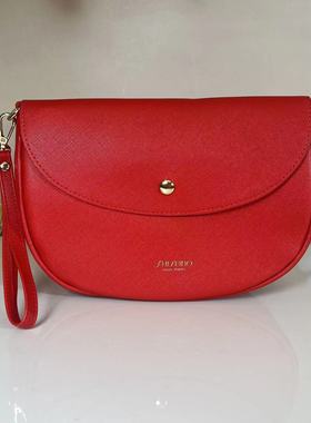 资生堂红色翻盖带拉链半圆形化妆包可改单肩斜挎手提包流苏贝壳包