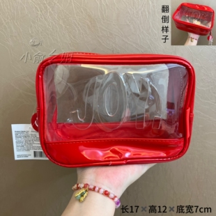 透明pvc拼接红色漆皮亮面洗漱包防水收纳包便女士外出化妆包