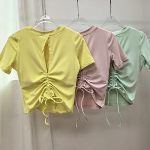 女士瑜伽服短袖夏美背抽绳褶皱运动上衣修身显瘦普拉提训练健身服