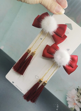 新年红色毛球蝴蝶结发夹女后脑勺盘发抓夹鲨鱼夹子头饰发卡发饰