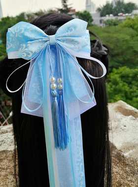 汉服后压发饰中国风青花瓷大蝴蝶结飘带发饰儿童发卡古风表演头饰