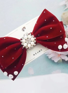 法式新款闪钻丝绒蝴蝶结发夹少女半扎马尾一字夹发卡时尚盘发头饰