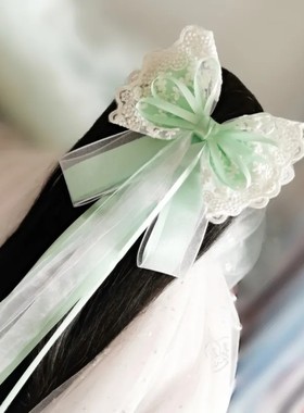 甜美绢纱蕾丝长飘带蝴蝶结发夹公主顶夹卡子头花头饰古风汉服发饰