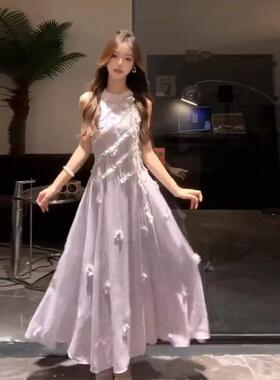 紫色长款挂脖吊带连衣裙女夏季法式复古修身显瘦气质裙子