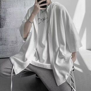 特大码慵懒风日系复古衬衫男女短袖连帽夏季薄款300斤痞帅ins衬衣