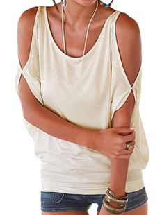 shoulder bat loose Solid sleeved纯色露肩短袖 off short color