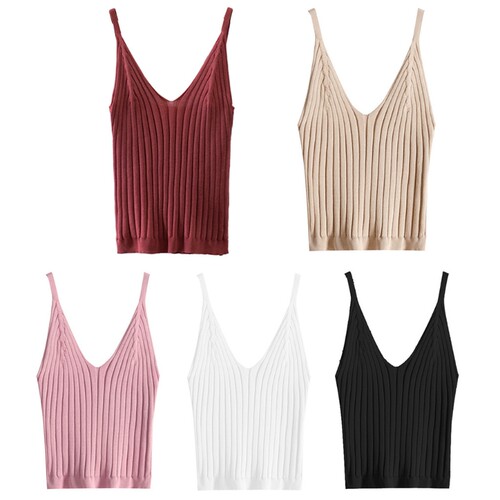 Deep Sexy V-Neck Solid Basic Elastic Slim Sling Vest纯色吊带