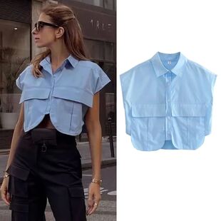 Large pocket patchwork irregular shirt大口袋拼接不规则衬衫女