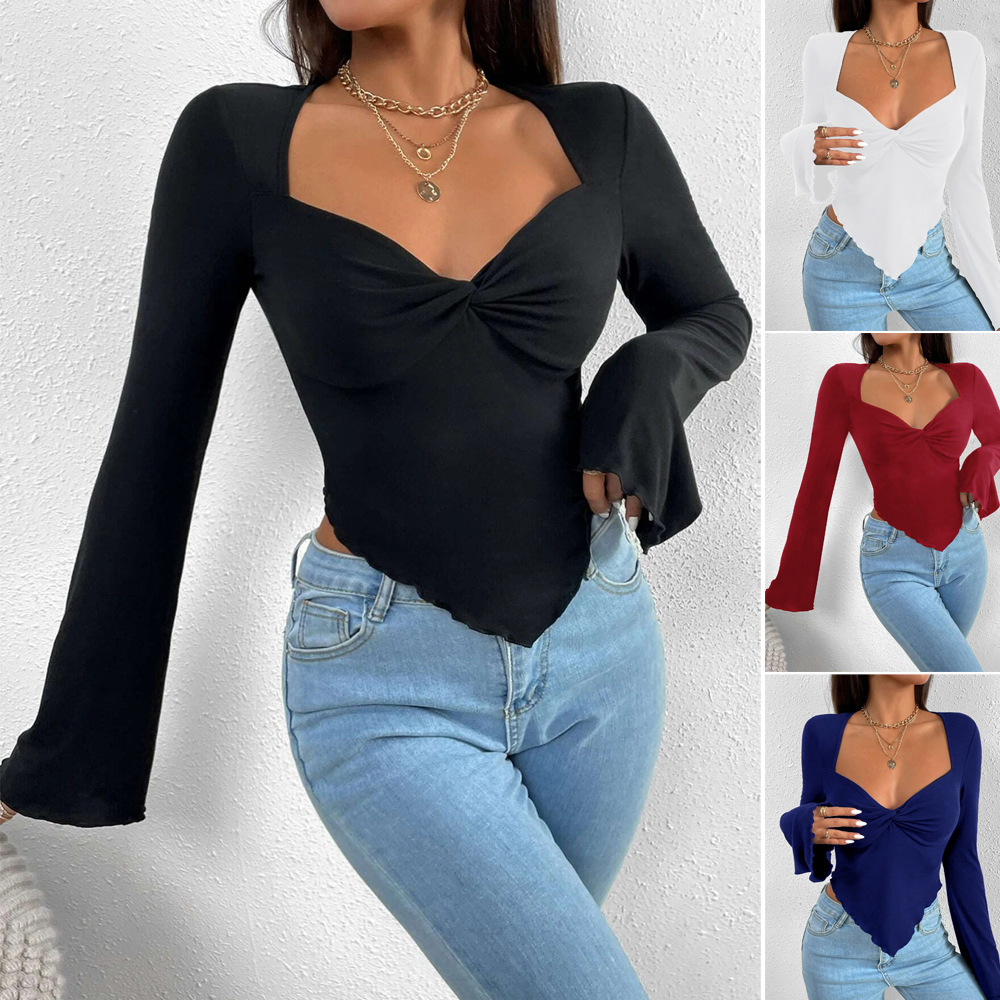 v领收腰不规则上衣V-neck