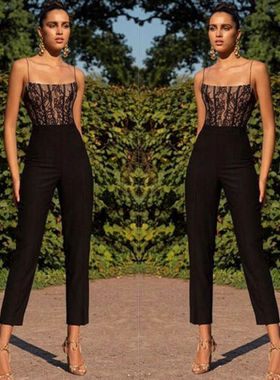 Summer Casual Sleeveless Square Collar Slim Lace Jumpsuits