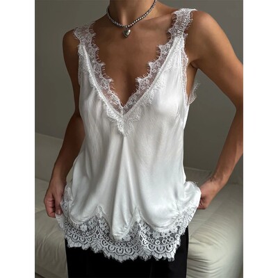 复古花边V领无袖T恤夏季收腰