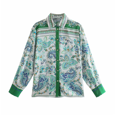 Patchwork Button Shirts Female Chic Beach Tops印花翻领长袖女