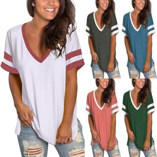 color women 纯色v领拼接短袖 Solid patchwork sleeved neck 女