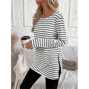 撞色黑白条纹上衣Color blocking striped topforwomen'sclothing