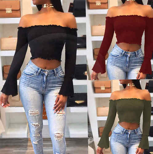 Off Shoulder Jumper Ribbed Long Sleeve Crop Tops