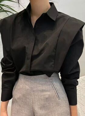 Collar patchwork ruffle top for women 女士翻领拼接荷叶边上衣
