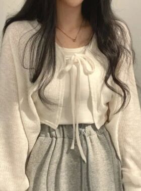 Lace up lantern sleeves short cardigan女士绑带灯笼袖短款开衫