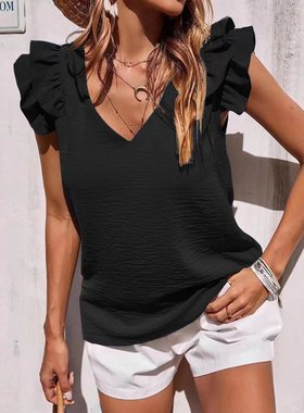Casual V-neck ruffled camisole top 女士休闲V领荷叶边吊带上衣