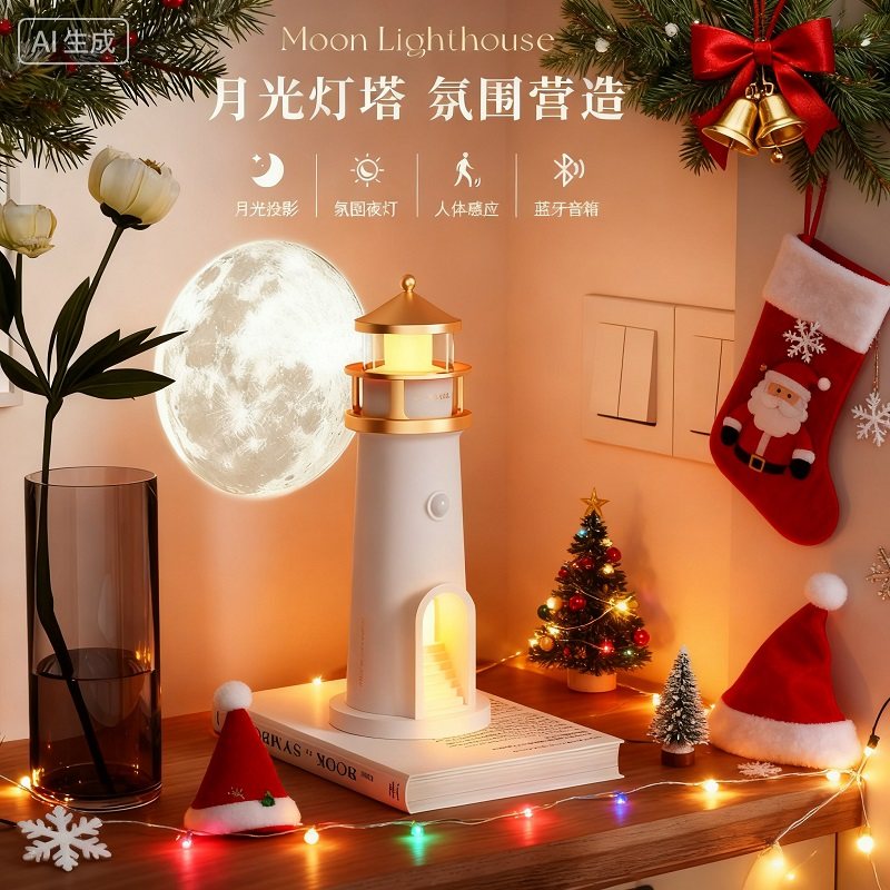 月光灯塔智能投影治愈睡眠音箱圣诞生日礼物床头感应灯氛围小夜灯