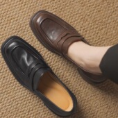 2026年春秋新款 6cm高跟鞋 圆头厚底懒人套真皮乐福鞋 百搭JK制服鞋