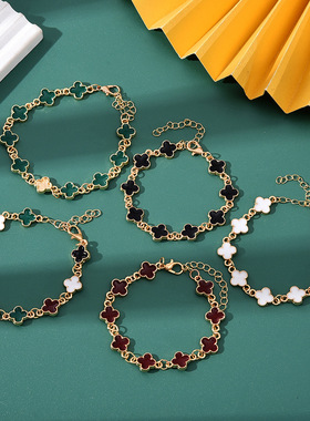 SHEIN跨境爆款饰品花朵手链时尚ing风百搭单面滴油四叶草手链批发