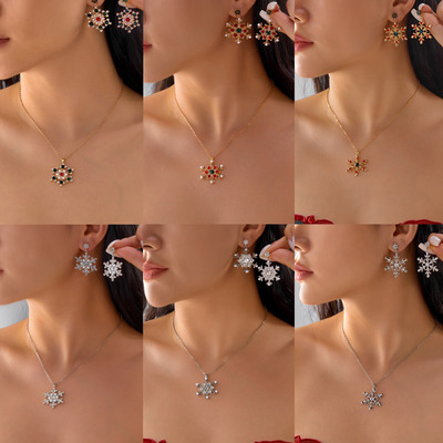 Christmas snowflake alloy pendant necklace earrings圣诞节女