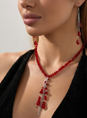 Cross-border new crystal fringed necklace and earrings女耳饰