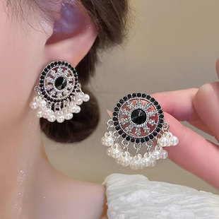diamond-encrusted pearl earrings, ethnic style jewelry女耳钉