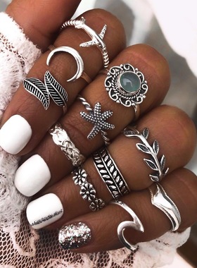 Moon leaves stars joints ring women's jewelry跨境女士戒指