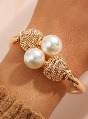 Cross-border imitation pearl alloy open bracelet jewelry跨境
