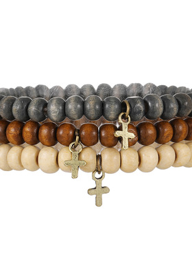 欧美新款复古风木珠叠戴手串男士串珠十字架吊坠手链套装批发
