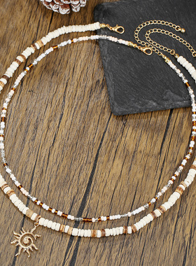 欧美时尚木珠椰壳米珠串珠项链男嘻哈小众太阳吊坠双层锁骨链颈链