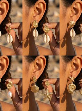 Vacation Sea Star and Sea Shell Pendant Earrings for Women女