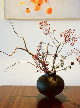 景德镇黑色磨砂粗陶罐现代简约禅意复古新中式台面客厅陶瓷花瓶