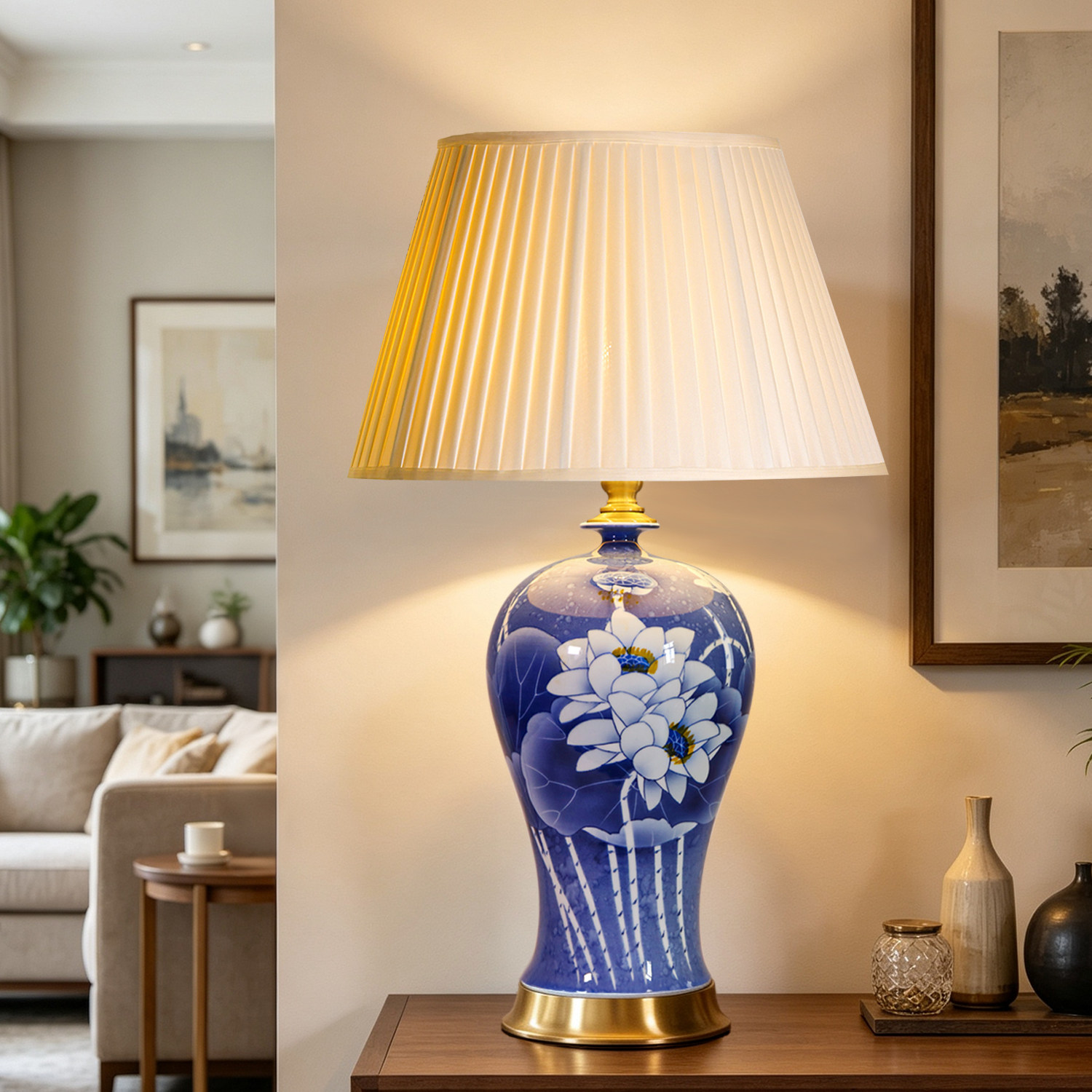 新中式手绘蓝色荷花轻奢陶瓷台灯客厅卧室高级感酒店大厅装饰灯具